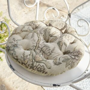 Coussin d’assise Kayla en lin avec imprimé de fleurs et paons