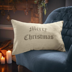 Housse de coussin Merry Christmas en lin imprimé à calligraphie ancienne