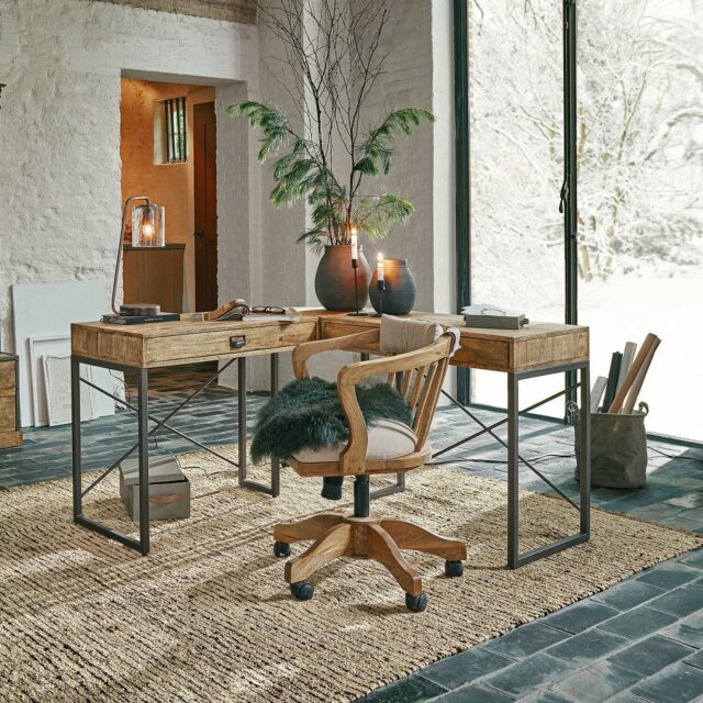 Bureau LOBERON Lemuel d’angle en manguier avec piètement métallique noir