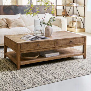 Table basse Rasmus en bois de manguier avec tiroir et compartiment ouvert