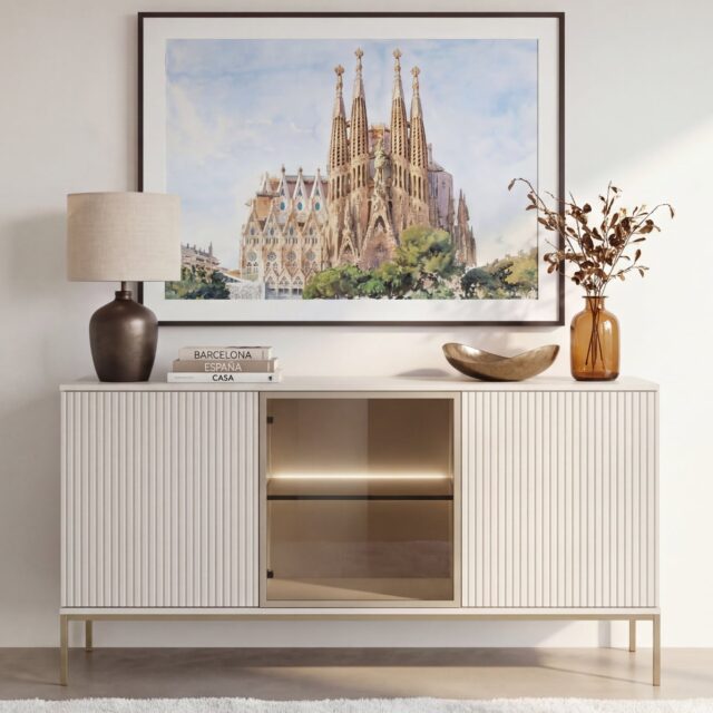 Buffet Duro Casanova Paris beige, long et peu profond, pour pièce de vie