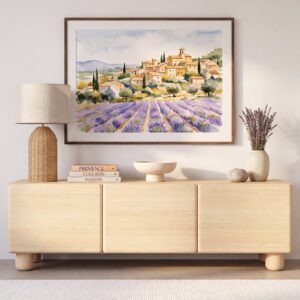 Meuble TV Calanque chêne clair, dimensions de 150 × 38 × 46 cm