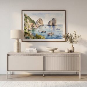 Meuble TV Alina Casanova Paris beige avec deux portes et dimensions indiquées