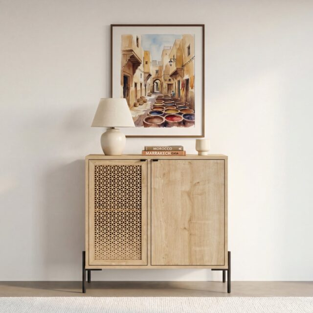 La commode Stera en finition chêne clair, aux dimensions compactes pour le rangement
