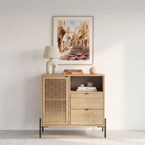 Commode Stera Casanova Paris à une porte, finition chêne clair, vue de face.