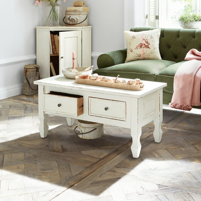 Table basse LOBERON Yurielka en bois, avec pieds tournés et deux tiroirs