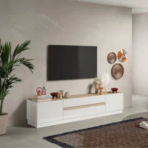 Meuble TV EMORA blanc brillant et décor naturel avec portes et tiroirs