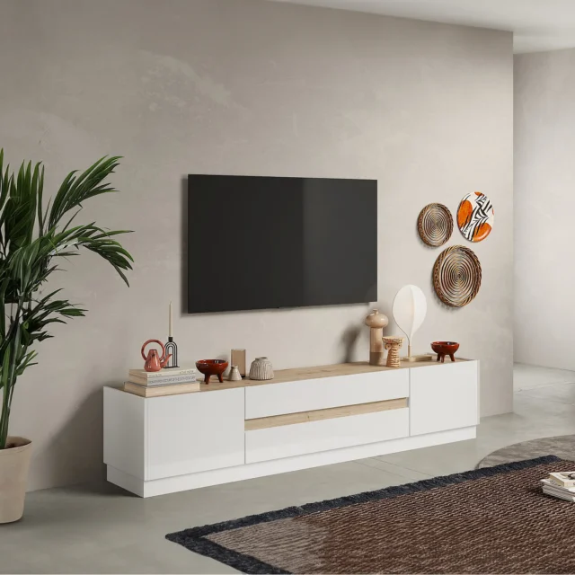 Meuble TV EMORA blanc brillant et décor naturel avec portes et tiroirs