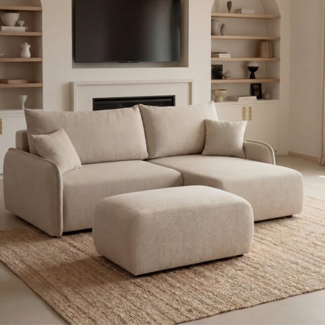 Canapé d'angle Duo Sacha beige chiné avec méridienne et pouf