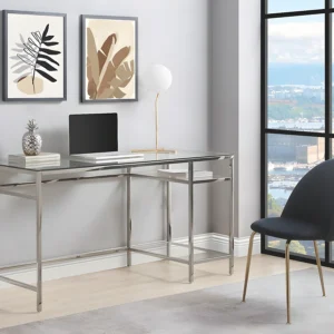 Bureau TIZIO avec plateau transparent, piètement argenté et deux étagères