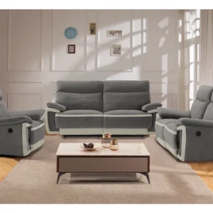Canapé relax METTI gris à bandes écru avec sièges électriques