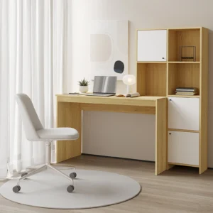 Bureau ALIOBINI blanc et naturel avec trois placards et trois niches