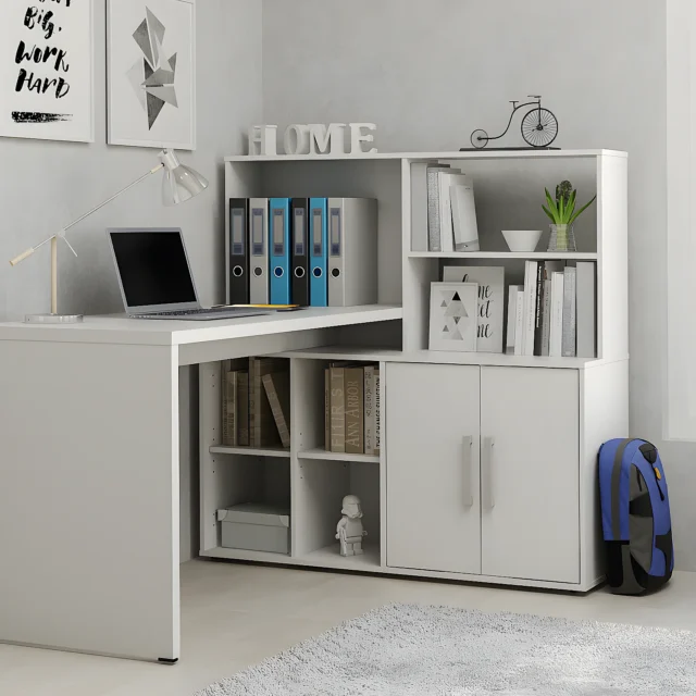 Bureau d'angle LEON blanc avec deux portes et étagères ouvertes