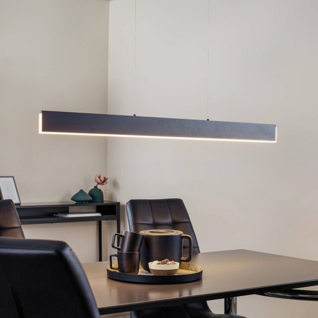 Suspension LED Nex noire mate, profil linéaire et diffuseur acrylique satiné