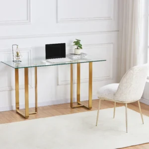Bureau NILESA avec plateau transparent et piètement doré en acier inoxydable