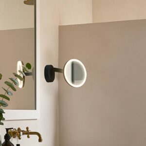 Miroir LEDS-C4 Vanity mural noir, rond, avec éclairage LED et bras orientable