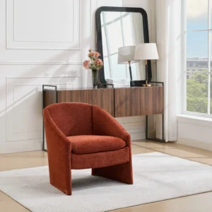 Fauteuil TAROLO terracotta en tissu texturé avec accoudoirs intégrés