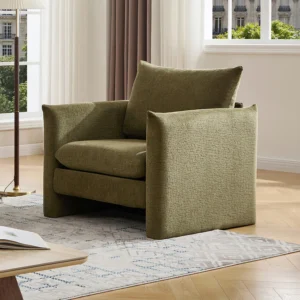 Fauteuil GORAZI vert en chenille avec accoudoirs et assise généreuse