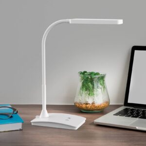 Lampe de bureau LED MAULpearly blanche avec bras flexible et socle lesté