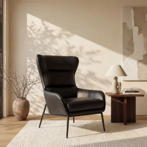 Fauteuil DINNIA en cuir de buffle noir avec piètement métallique