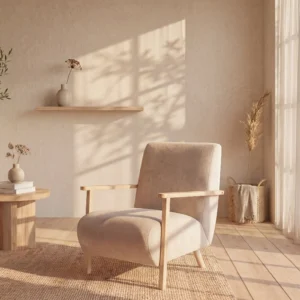 Fauteuil JULOMO beige avec accoudoirs et piètement en bois dans un salon