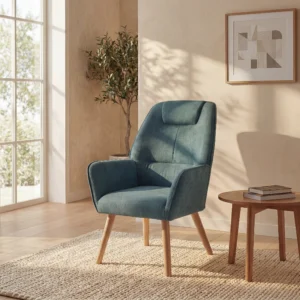 Fauteuil OSIMO bleu canard en tissu avec accoudoirs et pieds en bois