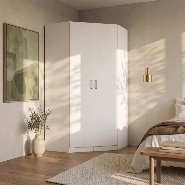 Armoire d’angle BELOMY blanche à deux portes, conçue pour un coin de pièce