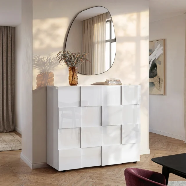Buffet haut CALISTO blanc laqué avec deux portes et rangements intérieurs