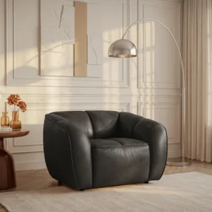 Fauteuil PRADONI noir en cuir de vachette avec accoudoirs matelassés