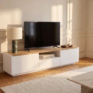 Meuble TV AMANI blanc laqué avec plateau chêne, deux portes et tiroir