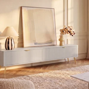 Meuble TV ELONARIA beige et doré avec deux portes battantes et niches intérieures