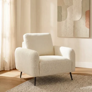 Fauteuil LETROSA en tissu texturé blanc cassé avec pieds métalliques