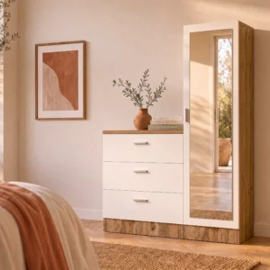 Commode VITORIO blanche et naturelle avec trois tiroirs, armoire et miroir