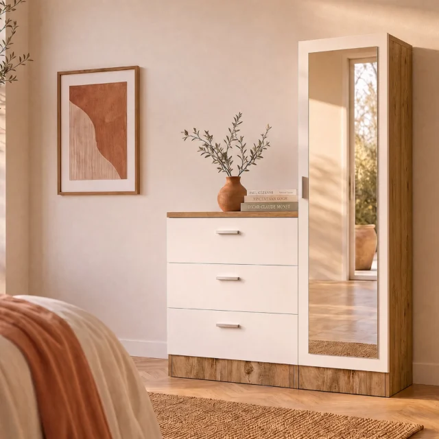 Commode VITORIO blanche et naturelle avec trois tiroirs, armoire et miroir