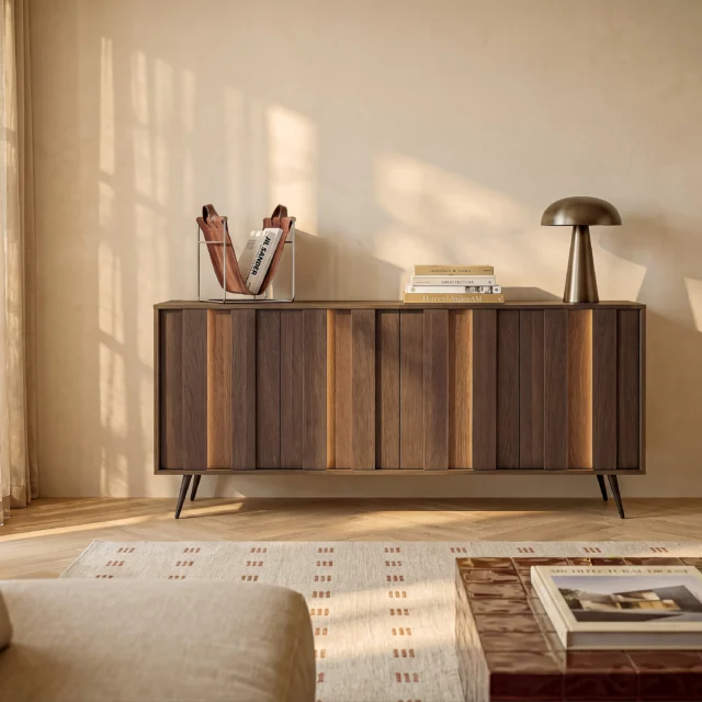 Buffet KALSIYA naturel foncé et noir à quatre portes avec LED intégrées