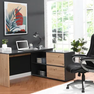 Bureau d'angle COLIOBA naturel et noir avec rangements à portes coulissantes