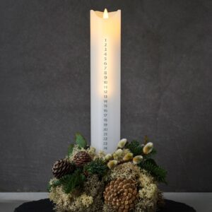Bougie LED Sara Calendar blanche et argentée, en cire, avec chiffres de l’Avent