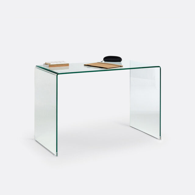 Bureau console Joan en verre trempé transparent, aux lignes sobres et plateau rectangulaire