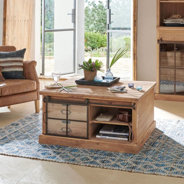 Table basse Finegand LOBERON en sapin, métal et verre avec rangements