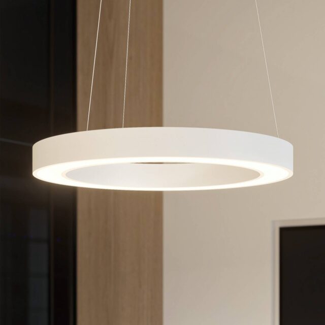 Suspension LED Sharelyn blanche en anneau avec câbles métalliques fins