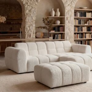 Canapé d'angle Duo Alexia beige avec méridienne et pouf