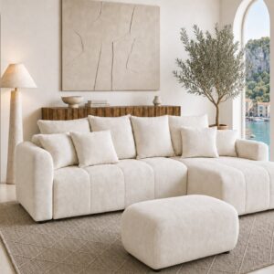 Canapé d'angle Duo Cassis beige avec méridienne et assise centrale
