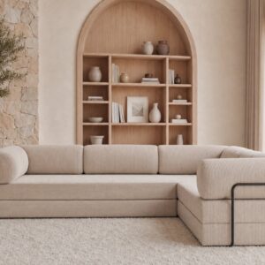 Canapé d'angle Cosima L beige aux dimensions généreuses pour le salon