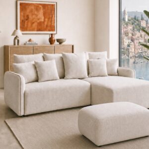 Canapé d’angle Duo Portofino beige en tissu chenille avec méridienne et pouf