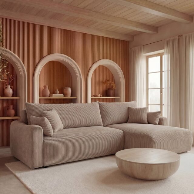 Canapé d'angle Boria Angle beige en velours côtelé avec méridienne et couchage