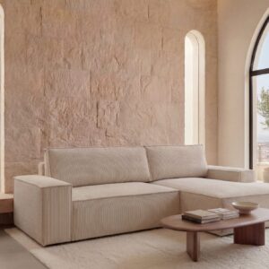 Canapé d'angle Napoli beige avec méridienne et couchage de 120 × 202 cm