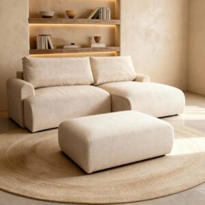 Canapé d'angle Duo Raphaelle beige avec méridienne et pouf