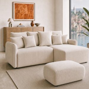 Canapé d'angle Duo Portofino beige en velours côtelé, avec méridienne et pouf