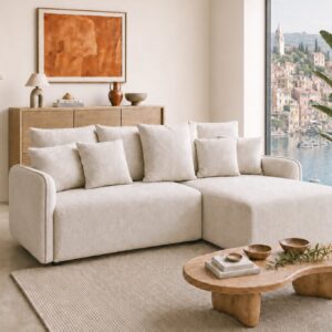Canapé d'angle Casanova Paris Portofino beige en tissu chenille avec méridienne