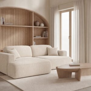 Canapé Chiara Angle beige en velours côtelé avec méridienne d’angle
